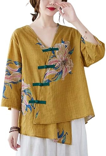The Princess Bride Hanfu - Blusa casual de lino, manga 3/4, cuello en V, ropa tradicional china con botones de rana china, para verano, A2- Parent, amarillo, L