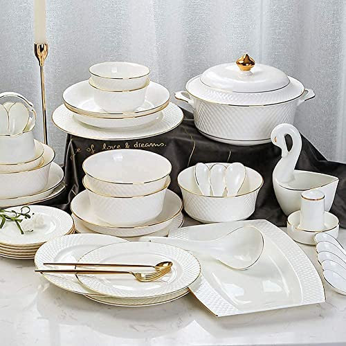 Juego de vajilla de cerámica, Cuencos/Platos/Olla de Sopa/Cuchara |? Bone China Servicio de Cena, Juego de combinación de Porcelana con patrón de Borde Dorado en Relieve Blanco, Servicio para 6