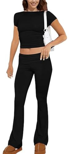 ABINGOO Tuta da Donna Casual 2 Pezzi a Maniche Lunghe Aderente Crop Top Svasati a Vita Bassa Pantaloni Lounge Set Yoga Tuta(Z-Nero,M)