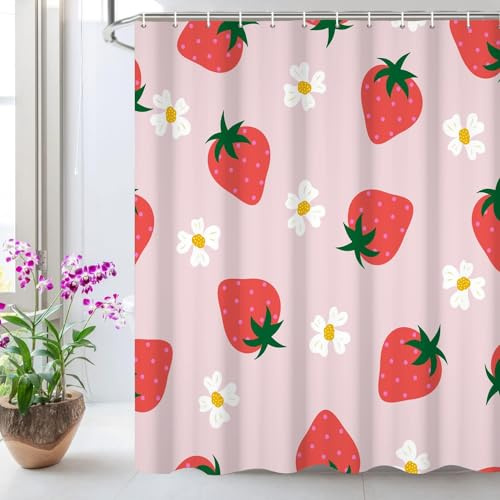 Inshere Niedliche Erdbeere Duschvorhang für Badezimmer mit 12 Haken, Cute Rosa Früchte Erdbeere Blume Groovy Duschvorhänge Set für Badezimmer Dekor 180x180cm Wasserdichtes Gewebe