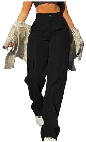 Y2K Cargohose für Damen - High Waist Hose mit weitem Bein Damen Hose Ladies High Waist Cargo Jogging Pants, Cargo-Hose für Frauen mit hohem Bund,Einfarbig in vielen Farben erhältlich (01 Schwarz, M)