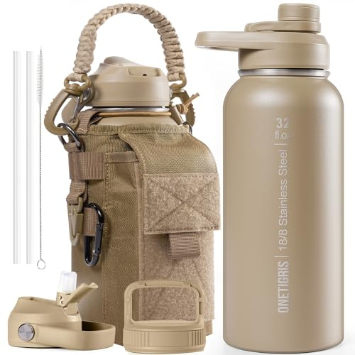 ONETIGRIS 32 oz Insulated Water Bottle with Straw - Tactical Stainless Steel Water Jug, Leakproof Thermos Wide Mouth Sport bottle with 3 Lids and Sleeve for Travel, Gym, Camping, Hiking