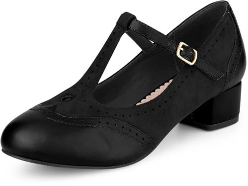 Allegra K Mary Janes Damen-Pumps mit T-Riemen, Knöchelriemen, Blockabsatz, Schwarz , 39 EU