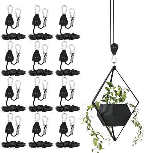 12 Stück Ratchet Hanger, Einstellbare Ratchet Seilratsche mit Haken 2,4m, 1/8 Zoll Seilaufhänger Seilzugratsche Seilspanner Ratschenseil, Abspannseil mit Ratsche für Pflanzenlampe, Grow Zubehör