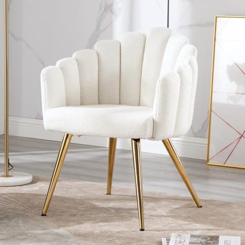 Ya-Home Fauteuils de Salon Rembourrés en Fausse Fourrure Chaise Coiffeuse Jolie Fauteuil avec Pieds en Métal Doré Chaises pour Chambre Bureau Confortable, Blanc