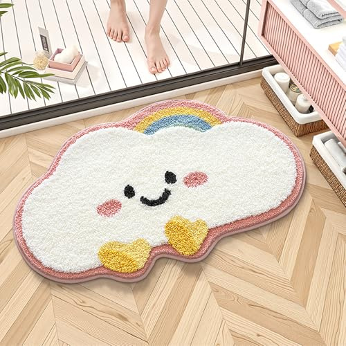 Trlyane Badezimmermatte Weicher Saugfähig Badezimmerteppich süß, Mikrofaser Beflockung Wolken Badematten Antirutsch Badvorleger Duschteppich Waschbar Badteppich 50x80cm (Rosa)