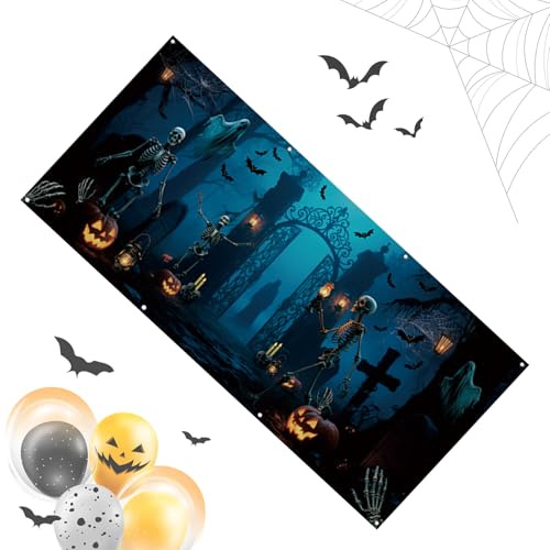 Banner decorativo per porta del garage Halloween,Banner Cimitero | Tela da parete 4 × 2 metri Decorazione spaventosa per festa di Halloween all'aperto