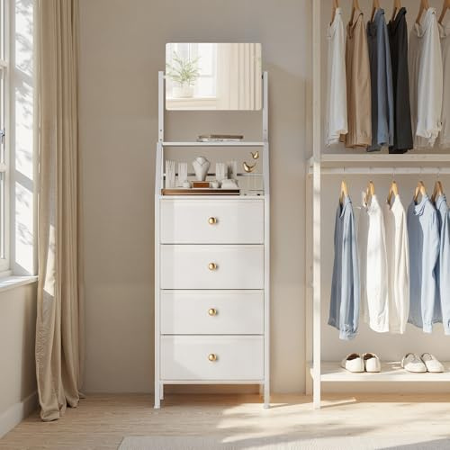 OYRREU Cómoda Alta con Espejo Ajustable y 4 Cajones de Tela, Mueble Multifuncional para Dormitorio, Entrada, Pasillo y Salón, Blanco