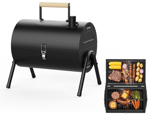 KOBENDA Barbecue Portable à Charbon de Bois, 2-en-1 Mini Barbecue de Table avec Grille Chromée, Poignée Froide et Verrou de Sécurité, Compact pour Camping, Jardin, Balcon