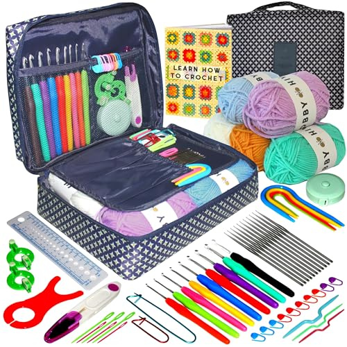 hobby hive Crochet Kits for Beginners Adults 60PCS Starter Set Includes Instructions, Ergonomic Crochet Hooks Set, Knitting Accessories, Yarn & Storage Case