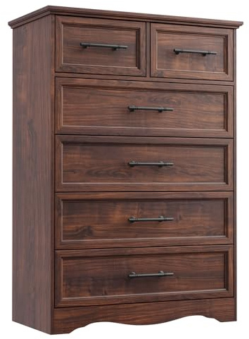 Walnut Farmhouse Dresser for Bedroom, Modern 6 Chest of Drawers, 44 Tall Chest of Drawers with Brushed Metal Handle, Wood Closet Organizers and Storage Cabinet for Bedroom, Living Room, Hallway