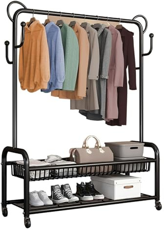 YAYREC Attaccapanni,Attaccapanni da terra, Appendiabiti mobile con cestini portaoggetti e ripiano inferiore for scarpe for armadio da camera letto lavanderia(60 x 32 x 174 cm)