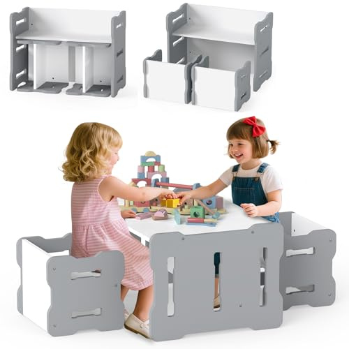 Maxmass All in 1 Kids Table and Chair Set, 3PCS Toddler Play Table Bench Storage Rack, Wooden Children Activity Desk Side Tables for Home Nursery Kindergarten School (Grey+White)