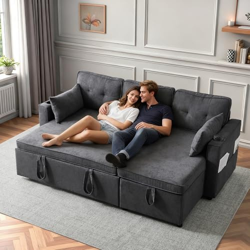 Vepssder Sofá cama de 3 plazas, sofá esquinero-L con función cama, sofá de 3 plazas con espacio contenedor, con portavasos, sofás esquineros modernos, intercambiable, para salón, etc. Color gris