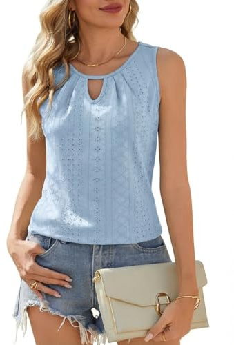 Zeagoo Camiseta Sin Mangas Mujer Cuello en V Top Verano Elegante Blusa con Ojales Tirantes Camiseta Básico Cami de Verano Informal Tank Top Azul XL