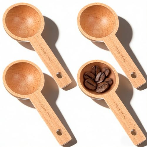 Juego de 4 cucharas medidoras de madera de haya de 15 ml, 1 cucharada, accesorios de cocina para el hogar, para granos de café, café molido, té, especias, proteína en polvo y sal de baño