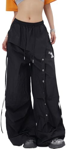 Skateboard Frog Women’s Y2K Parachute Pants Baggy Wide Leg Dance Streetwear | Convertible wide leg cargo pants with drawstring waist offer baggy Lightweight hip hop streetwear style for jazz and dance