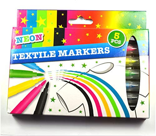 Neon 5 Marcador para Textile, Rotuladores, para Ropa, 5 Unidades, Azul, Verde, Amarillo, Rosa, Negro
