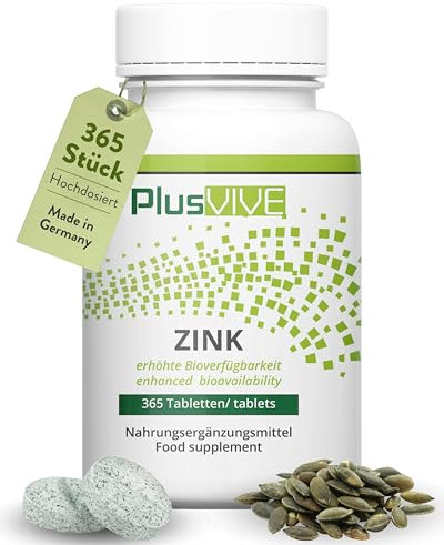 PlusVive Zink Tabletten hochdosiert I 1x 365 Tabletten I 25mg Zink aus Zink Bisglycinate pro Tablette I Mit Papain & Spirulina I Nahrungsergänzungsmittel vegan & laborgeprüft