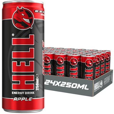 HELL Energy Drink Apple Flavour | 24 x 250ml Cans Multipack | 32mg/100ml Caffeine | Contains Vitamins B2 B3 B5 B6 B12 | Preservative Free | Vegan | Reduce Fatigue & Boost Energy
