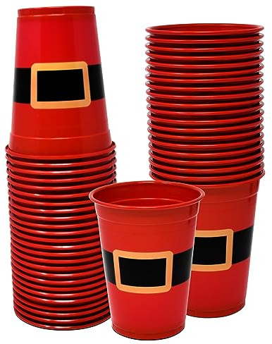 Gift Boutique 50 Pack Disposable Plastic Christmas Cups 16 oz. Red & Black Santa Belt Design Drinking Cup Winter Xmas Dinner Beverage Drink Holiday Table Party Supplies