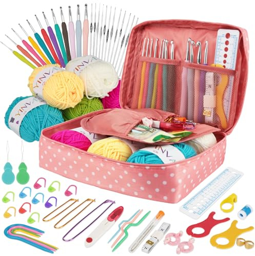 Crochet Hooks Set for Beginners Adults Crochet Kits Knitting Kit Ergonomic Metal Crochet Hooks 0.6mm-8mm Knitting Accessories Tools Crochet Wool Yarn Storage Case Needles Crochet Starter Kit-Pink