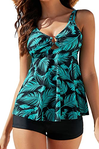 Viloree Baddräkt för kvinnor 2 delar push up tankini topp shorts set tvådelade badkläder sport pool strand simning, gröna löv, M