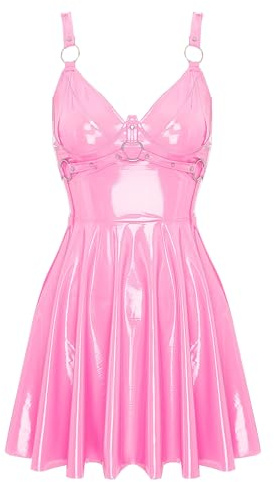 Aislor Dam lack läderklänning wetlook miniklänning kort konst läderklänning rygglös festklänning skater kjol party klubbkläder lackklänning, C-rosa, 3XL