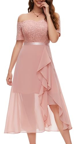 Berylove - Vestido de noche largo para mujer con brillo, elegante vestido de cóctel para boda, vestido de hombros descubiertos, vestido de gala, Rubor, XL