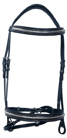Sazaar Tack Briglia anatomica inglese imbottita in pelle nera con redini abbinate, fascia per frontalino in cristallo bianco, fatta a mano, per pony ST-007 (Poniy)