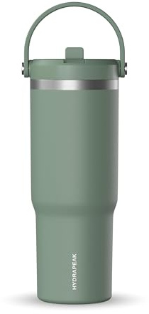 Hydrapeak Nomad 32oz Stainless Steel Insulated Travel Tumbler with Handle & Straw Lid, Leakproof, Cupholder Friendly, Back to School, College Dorm, Gym & Everyday Hydration, Cold 24 Hours (Sage Leaf)