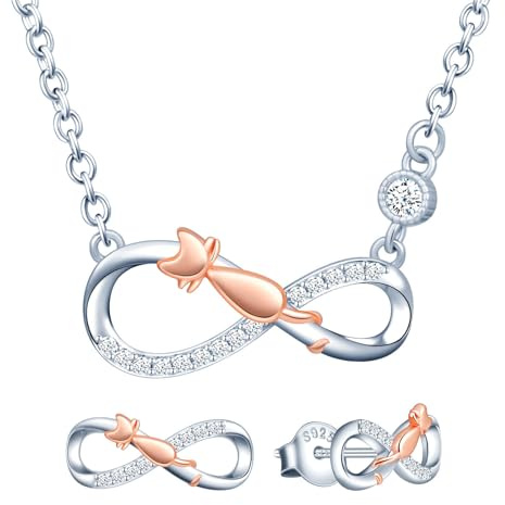 MICMIF Argent 925 Set Bijoux Infini pour Femme Fille, Chat sur le Symbole de l'infini Boucles D'oreilles et Collier, Clous D'oreilles et Collier Pendentif Chaton Parure