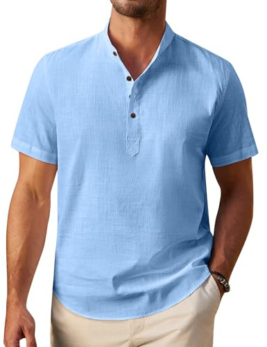 siliteelon Men's Shirts Linen Short Sleeve Henley Shirts for Men Adult Summer Beach Cotton Light Blue Shirt Regular Fit Casual Shirt Summer Beach Tops L