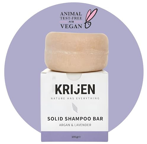 Krijen Champú vegano sólido con aceite de argán, aceite de lavanda y arcilla rosa, 100 g, repara y aporta brillo, para cabello normal y mixto, también eficaz en agua dura, con provitamina B5, hecho a