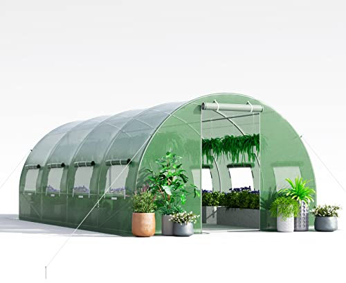 COSTWAY Gewächshaus, 6x3x2m|18m², Foliengewächshaus mit Metallgestell, Treibhaus mit 10 aufrollbaren Netzfenstern & 2 Reißverschlusstüren, Garten Folientunnel, für Tomaten Blumen Obst Gemüse, Grün