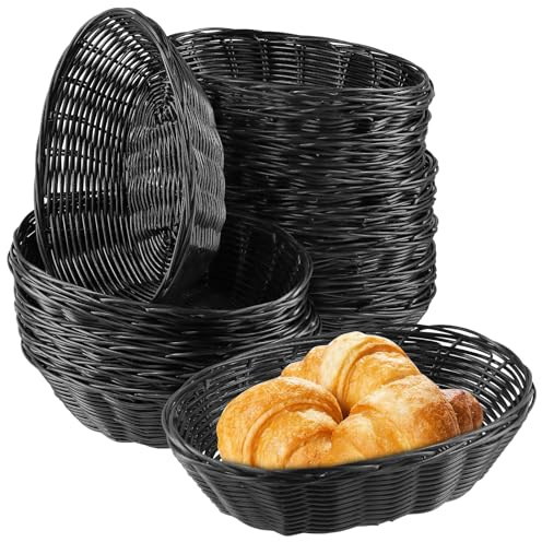 KOHAND 20 Pack 9 x 6 x 2.4 Inch Black Wicker Bread Basket, Woven Oval Plastic Basket Serving Baskets, Empty Woven Baskets for Storing Food, Bread, Fruits, Vegetables