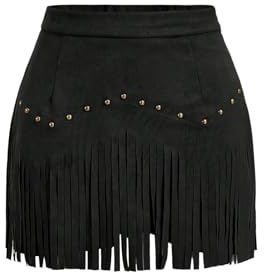 SweatyRocks Women's Suede Fringe Sexy Cowgirl Skirts Country Concert Outfit Western High Waisted Skirt Black Large