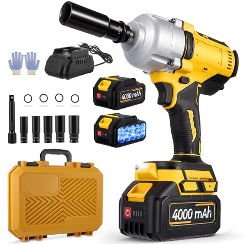 Trsaow Llave de Impacto Inalámbrica 1000Nm, 21V Sin Escobillas con 2 * Baterías de 4000mAh, 3 Niveles de Potencia, con 5 Casquillos, Cargador y Extensión para Coche/Camión/Autocaravana