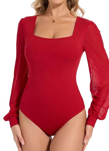 Joyshaper Body Femme Manches à Bulles Bodysuit Élégant Bodys Top Basic Manches Longues Translucides