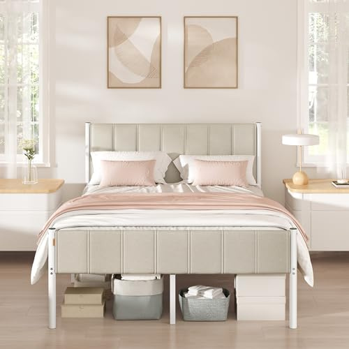 VASAGLE Double Bed Frame, 135 x 190 cm, with Upholstered Headboard, Metal Bed Frame, 500 kg Weight Capacity, Easy Assembly, Cappuccino Beige RMB976LH01