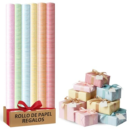 Rollo de papel para envolver regalos, Papel Regalo Cumpleaños, Papel Regalo Navidad, Papel navideño, Tamaño 70 cm x 2 Metros, Contiene 6 Rollos con diseños de Rayas Multicolor