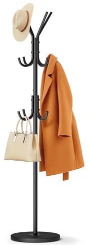 MISSLO Heavy Duty Coat Rack Freestanding with Stable Wood Base, Metal Coat Stands for Hallway & Small Space with 12 Hooks, Adjustable Clothes Hanger Stand Coat Tree for Jackets, Hats, Bags, Black
