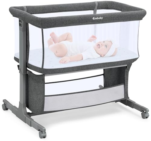 Ezebaby Next To Me Crib, 7-Level Heights Adjustable Bedside Crib, Baby Bassinet with Breathable Mesh, Mattress, Storage Basket, Lockable Wheels, Portable Baby Crib for Birth to 9kg (Dark Gray)