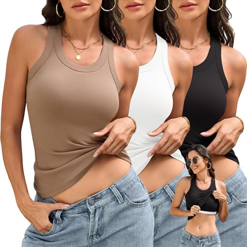 JOVCOVL Women’s Built in Bra Tank Tops Ribbed Sleeveless Vest Tops, 3 Pack | Soft stretch fabric provides comfortable support and a flattering fit for everyday wear, yoga, fitness and casual outfits.