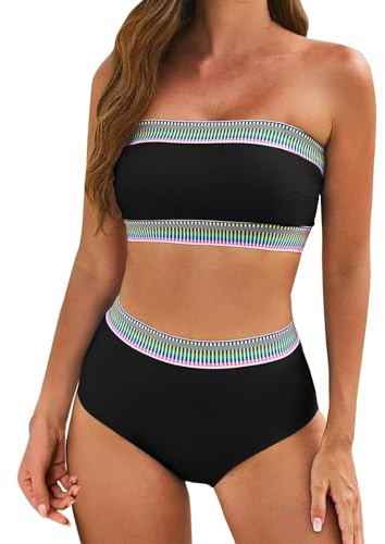 Costumi Donna Curvy - Bikini Donna Costume da Bagno Due Pezzi a Fascia Senza Spalline, Slip Vita Alta, Tinta Unita con Bordo Righe, Beachwear Mare Piscina Estate