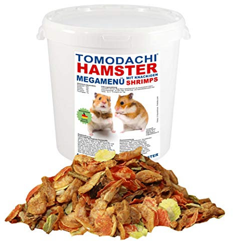 Hamsterfutter, Alleinfutter Hamster mit tierischen Eiweißen - Riesengarnelen, wenig Pellets, Karottenflocken, Erbsenflocken, Kräutern, Getreide, Nüssen, Tomodachi Hamster MegaMenü 1kg Eimer