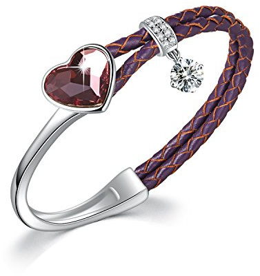 SUE'S SECRET Pink Heart Crystal Bangle Bracelet Purple Striped Leather Bands Unique Gift for Her Ladies Anniversary Wedding Women Birthday Christmas for Mom Wife Girlfriend