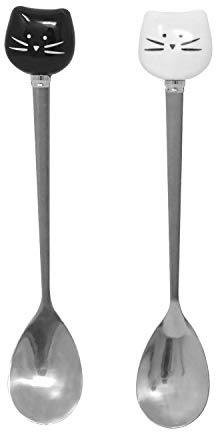 Honbay 2PCS Cute Cat Spoon Set - Stainless Steel Tea, Coffee & Sugar Spoons for Cat Mug, Black and White