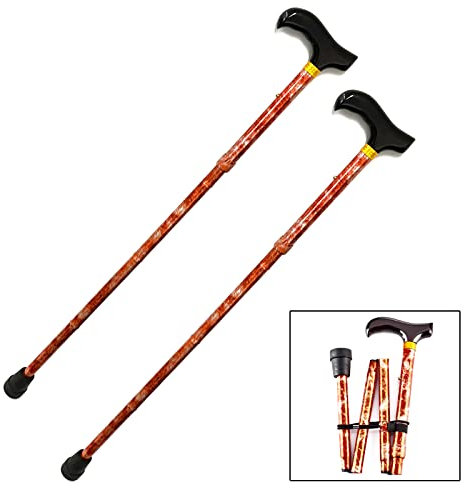 2er Set Gehstock Faltbar Aluminium Höhenverstellbar 81-92 cm Gehstütze Holzdesign Spazierstock Gehhilfe mit Holzgriff Wanderstock Kupferfarben