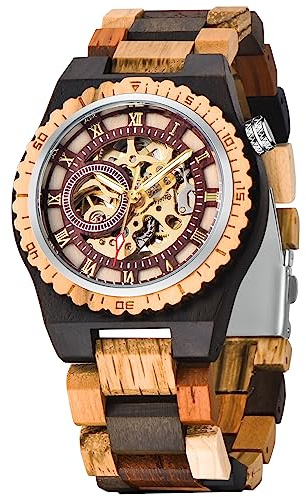 Tiong Orologio sportivo meccanico in legno, quadrante digitale cavo, cinturino in legno con lancette luminose, orologio meccanico da uomo, regali per uomini, Bracciale